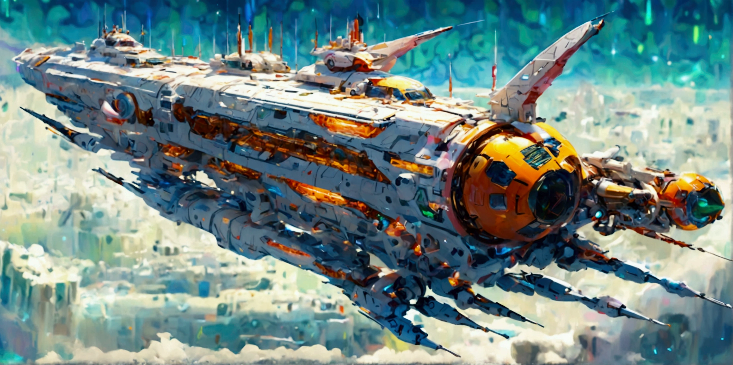 A long wide giant heavily armored divine futuristic flying all terrain biomechanical space battleship covered in rainbow batik pattern and glowing javanese runic symbols, (multiple retractable cybernetic spider legs with wheels on the tips), divine halo, flying hovercraft, flying submarine, flying aircraft carrier, flying hotel, flying resort, flying city, flying skyscraper, flying cruise ship, flying yacht, flying castle, flying military base, multiple thrusters, multiple helipad, multiple propeller, mobile headquarters, mobile command center, automatic turrets, missile banks, missile defense system, multi-port rear engine arrays, large pivoted missile pods, anti-air batteries, reactive armour over vital spaces, VTOL thrusters, ventral ground-facing VTOL thruster bays, retractable center cannon, super carrier, sky carrier, space station, floating city, floating castle, white background