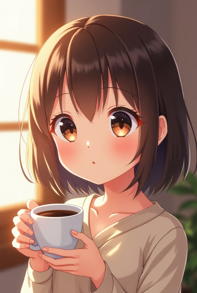 A young girl is holding a coffee cup in her hand,  cute 綺麗な顔, cuteナチュラルなアニメの顔, cute - 素敵な - 顔で, sakimi chan, Chiho, Yoshitomo Nara, 若くてcute顔, Beautiful Japanese girl face, 茶色の髪とBig eyes, cute, Beautiful light、Big eyes