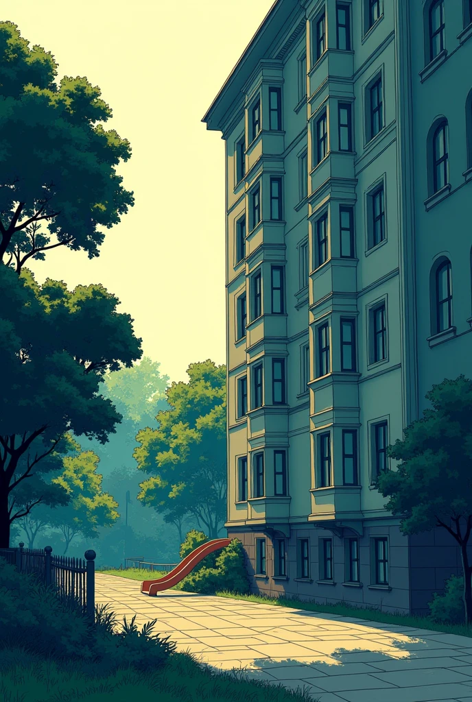 A drawing in which there is a building in a corner of the image that has many windows, a slide and trees next to it must be in the trichrome technique:3 colors are the only ones you should use in the entire image(Only part of the building should be seen since it is on the right side of the drawing.)