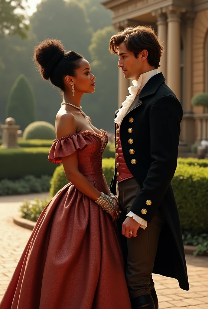 Rihanna as a lady of "Bridgerton" alongside Benedict Bridgerton (played by Lukas Thompson)