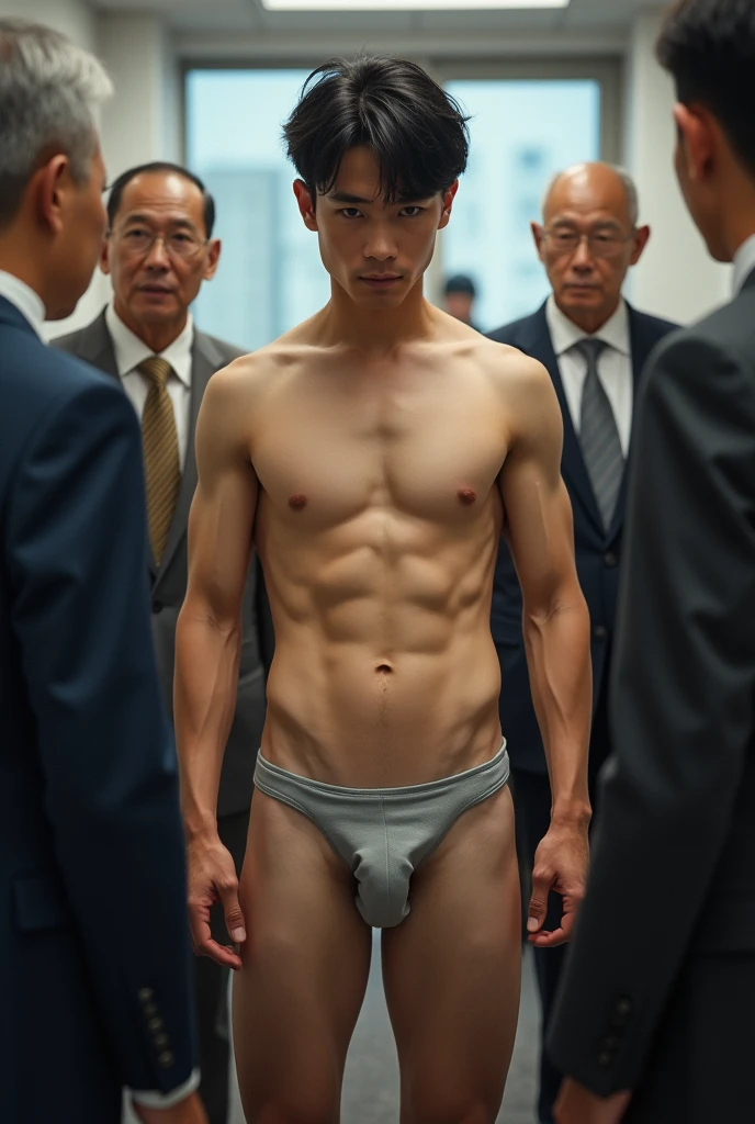 1boy、Photo Quality、Cute handsome man、Japanese male, 、handsome man、Mash Hair、Completely naked、Full nudity、erection、Huge penis、Highest quality、Realistic、beautiful、Sad look、Inside the office、Surrounded by old men in suits、完全Completely naked、Full nudity、Photographed with a smartphone、Completely naked