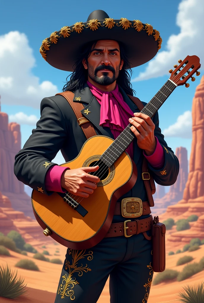 I would like a tanned man with long black hair, a large mustache, and a goatee, brown eyes, wearing a black mariachi outfit with pink details, black pants with a pink cloth around the waist, large boots, a guitar on his back, and a black mariachi hat with golden adornments. I would like it to be in a mature style, and the art should be in a fantasy and RPG style set in the Old West.