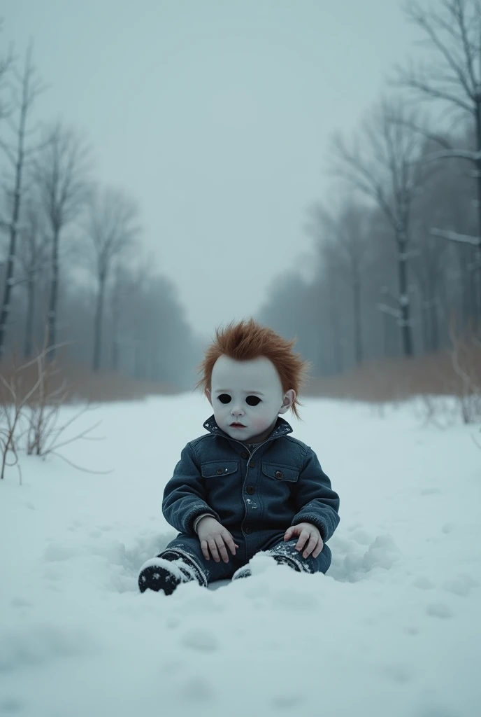 Create the image of baby Michael Myers, sitting in the snow