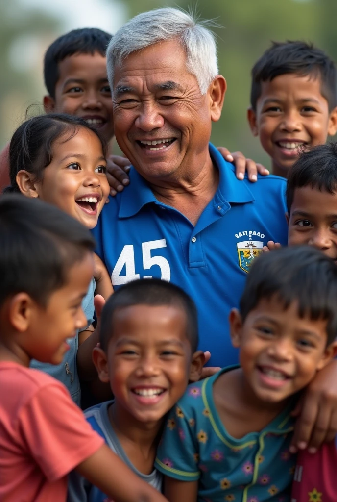 the former mayor of Itapipoca holding several children wearing a blue shirt with the number 45
