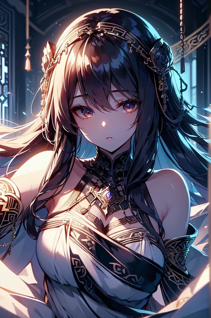 1 girl close up on face, beautiful and aesthetic, gorgeous, masterpiece, Best Quality, fantastic atmosphere, Soothing palette, Quiet, Soft shading, priestess with many chains around her body