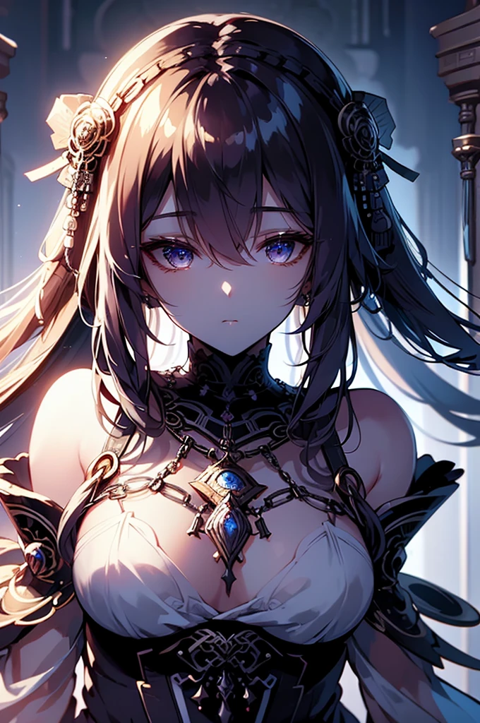 1 girl close up on face, beautiful and aesthetic, gorgeous, masterpiece, Best Quality, fantastic atmosphere, Soothing palette, Quiet, Soft shading, priestess with many chains around her body