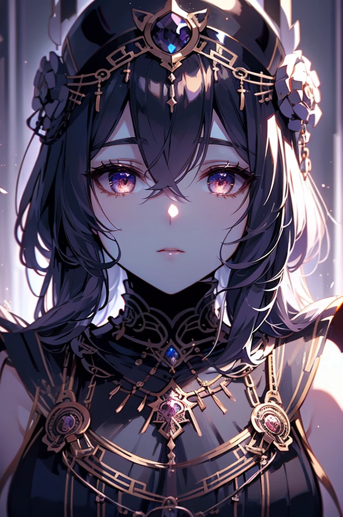 1 girl close up on face, beautiful and aesthetic, gorgeous, masterpiece, Best Quality, fantastic atmosphere, Soothing palette, Quiet, Soft shading, priestess with many chains around her body