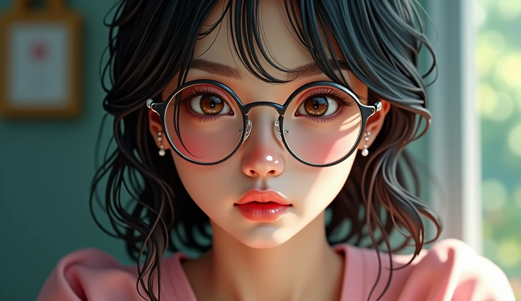 a close up of a woman wearing glasses and a pink top, a character portrait inspired by Ross Tran, trending on Artstation, digital art, artwork in the style of guweiz, lofi portrait, realistic artstyle, rossdraws portrait, 🤤 girl portrait, high quality portrait, photorealistic artstyle, digital art ilya kuvshinov, rossdraws global illumination