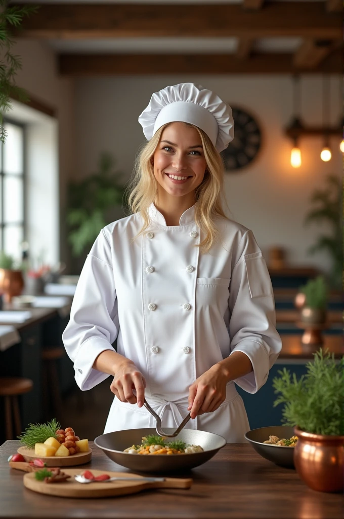 Girl blonde hair sweden chef in restaurant.