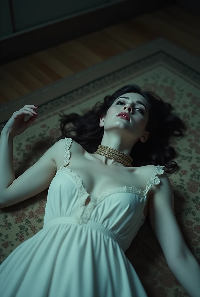 dead woman lying on a floor (lying), , inspired by Alexandre Cabanel, deathly pale skin, rope around his neck, (((naked))), look of hate, cloudy eyes, russian white clothes, choker, victorian, beautiful with spooky vibes, murdered, Wallpaper, ultra high resolution, (photorealistic:1.4), cinematographic