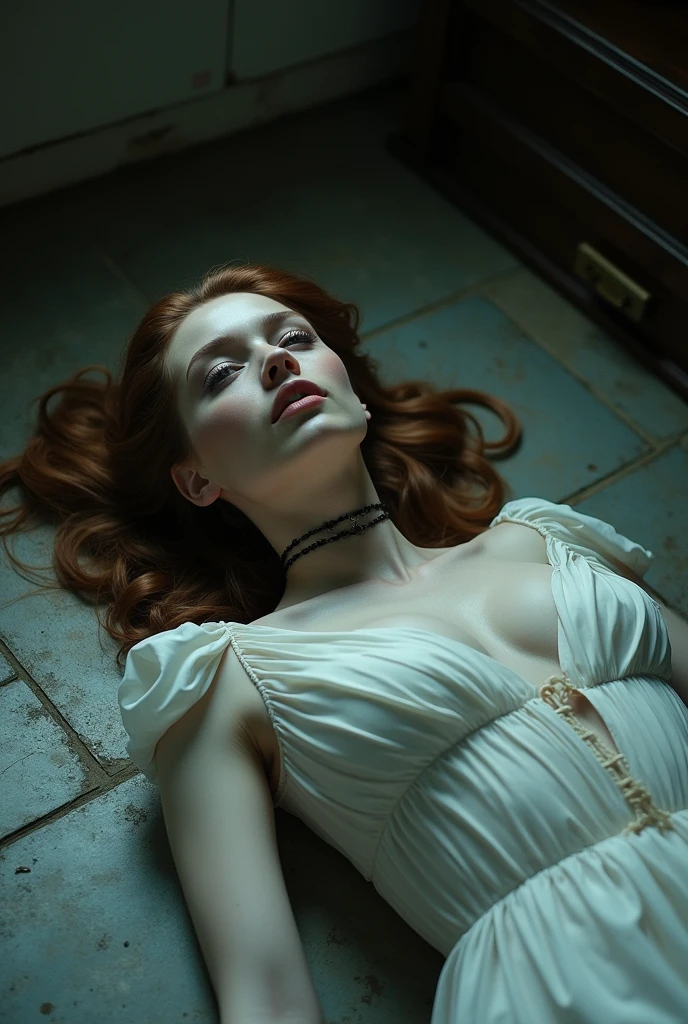 (extremely detailed 8k wallpaper), Dark Theme, Vampire in Masquerade, Modern Horror, uses (white wedding dress), (torn and dirty), fine focus, (subsurface dispersion:1.1), (((Young woman))), (curly red hair), (blue eyes), centered face, award-winning photography, dramatic lighting, expression (sad), underground of a building.