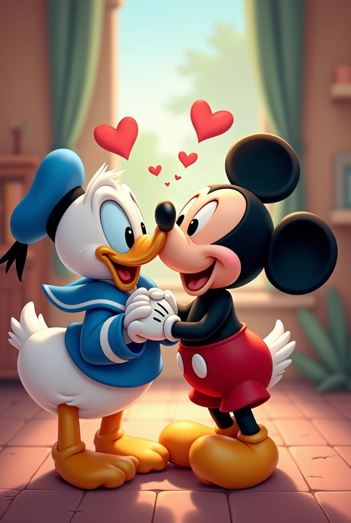 Donald Duck kissing Mickey Mouse