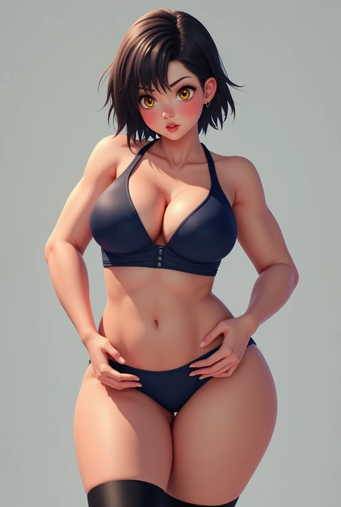 supermodel physique, perfect body,  perfect clear skin, ultrarealistic, hyperrealism, photorealistic, ultra quality, masterpiece, high quality, beautiful, sexy face, smile, pretty, curvy body, gigantic breast, slightly toned, fit, supermodel build, 3/4 body view, sexy waist, perfect legs, thigh gap,  facing the camera, 1girl, solo, short hair, black hair, dot bikini, standing,