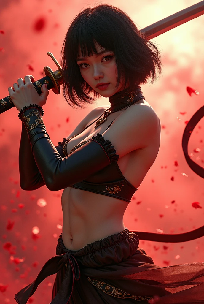 8k、alone、 big breasted beauty,Super Beauty(Like the real thing),Iris,super beautiful teenager,Black short bob hair,Sexy Exterior,Black trousers,Golden decoration, sword,Demon Slayer: Androgynous Beauty,A wonderful work of art、Wind effects:1.9、Cloud Effect:1.2、Full Rendering,Unreal Engine、Japanese sword 1本,Cool beauty,Ultra-high resolution,super 超Realistic Skin,Ultra-precise hand-crafted detailing, sword,smile,Photorealistic RAW photos of the highest quality。Backlight, Cinema Lighting, Film Grain, 50mm lens, Nikon D850,Realistic Skin,Fantasy art,Character Art,Ultra-high resolution,Muscular and slim body,Muscular and lean lower body,Precise facial details,What's left behind,Perfect hands,Cool sexy beauty,landscape,A lot of thick red smoke(largely),Ultra-realistic smoke,Extremely ripped abs,Muscular Beauty,Very small breasts,Sexy Exterior,Wide open chest,Body balance,smile,Makeup,Accentuate your cleavage,Dynamic fighting pose,