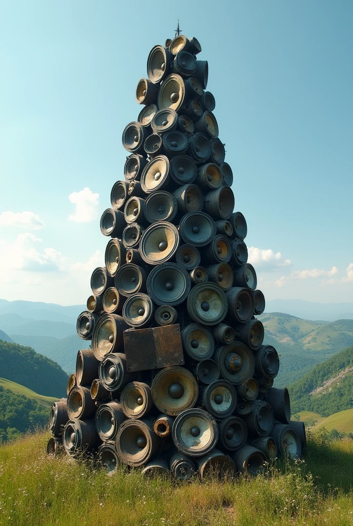 mountain of worn out speakers medium shot and remove the plane