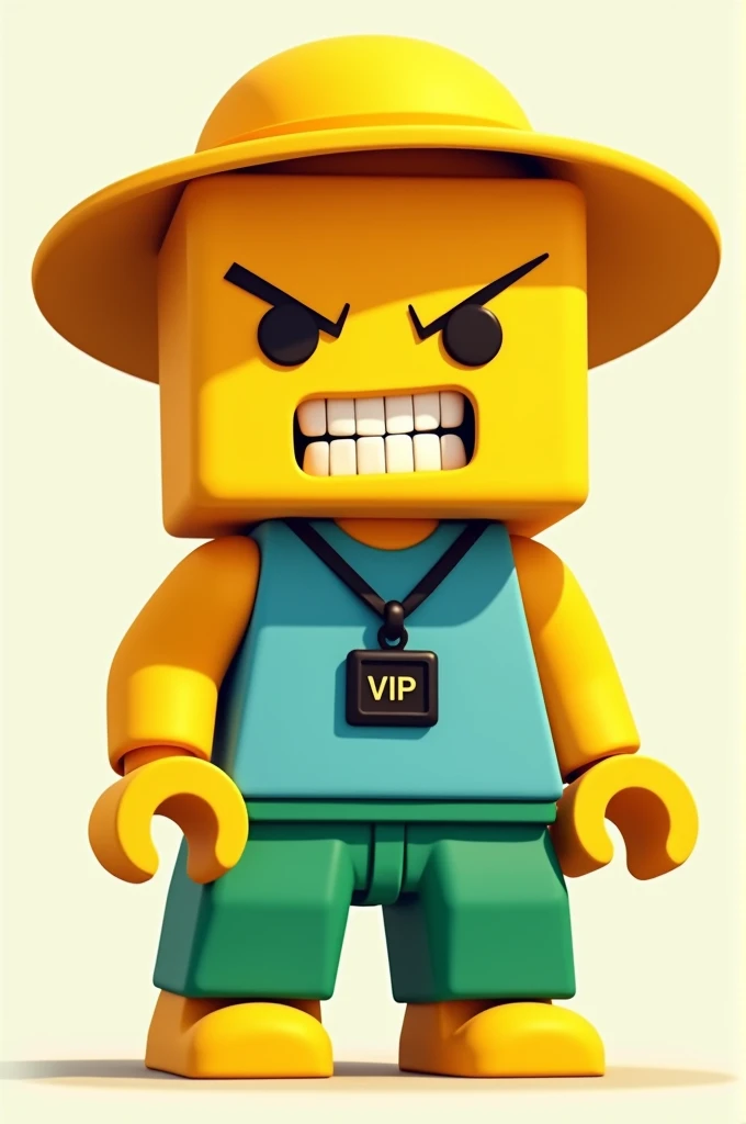 Here is a detailed description of the character:
1. **Form and structure**:
- The character has a square, block structure, typical for games with pixel graphics or LEGO-like construction sets. It has short, wide legs and large rectangular arms. The head is also square and proportional to the body..
2. **Color scheme**:
- **skin**: Bright yellow.
- **hat**: Large and wide-brimmed, Yellow, matching the character's skin color.
- **shirt**: Blue sleeveless top.
- **trousers**: Green and straight, Without unnecessary details.
3. **face**:
- **eyes**: Hidden behind black square sunglasses.
- **mouth**: sharp teeth are visible, giving the character a slightly menacing look, but at the same time it looks cartoonish.
4. **Accessories**:
- **NECKLACE**: There is a black cord hanging around the neck., to which is attached a black rectangular badge with the inscription "vip". This is the central element of the accessory., which makes the character stand out and gives him a prestigious look.
- **hat**: Big yellow hat, matching the character's skin color. It is an important element, adding individuality and completeness to the character's image.
5. **General atmosphere**:
- Персонаж выглядит как vip-гость, Maybe, at a beach party or in an exclusive club. Despite the menacing mouth with sharp teeth, Overall he remains cute and friendly thanks to his chibi style..
This is a character with a unique combination of menacing and cute appearance., Standing out with its accessories and bright colours.