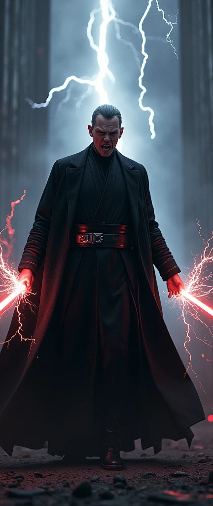A man with a serious face in a black Sith suit looks at the camera, his arms are outstretched and lightning bolts fly out of them, his face expresses anger