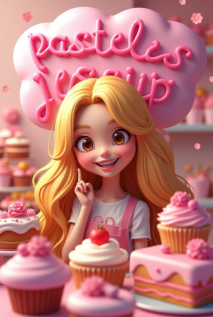 Pastry girl, light brown skin color, smiling with braces on teeth, long hair dyed golden in half, with the sign “Pasteles JessyP” in pink flowery letters, Pink colour, around cakes, cupcakes, whipping balloon