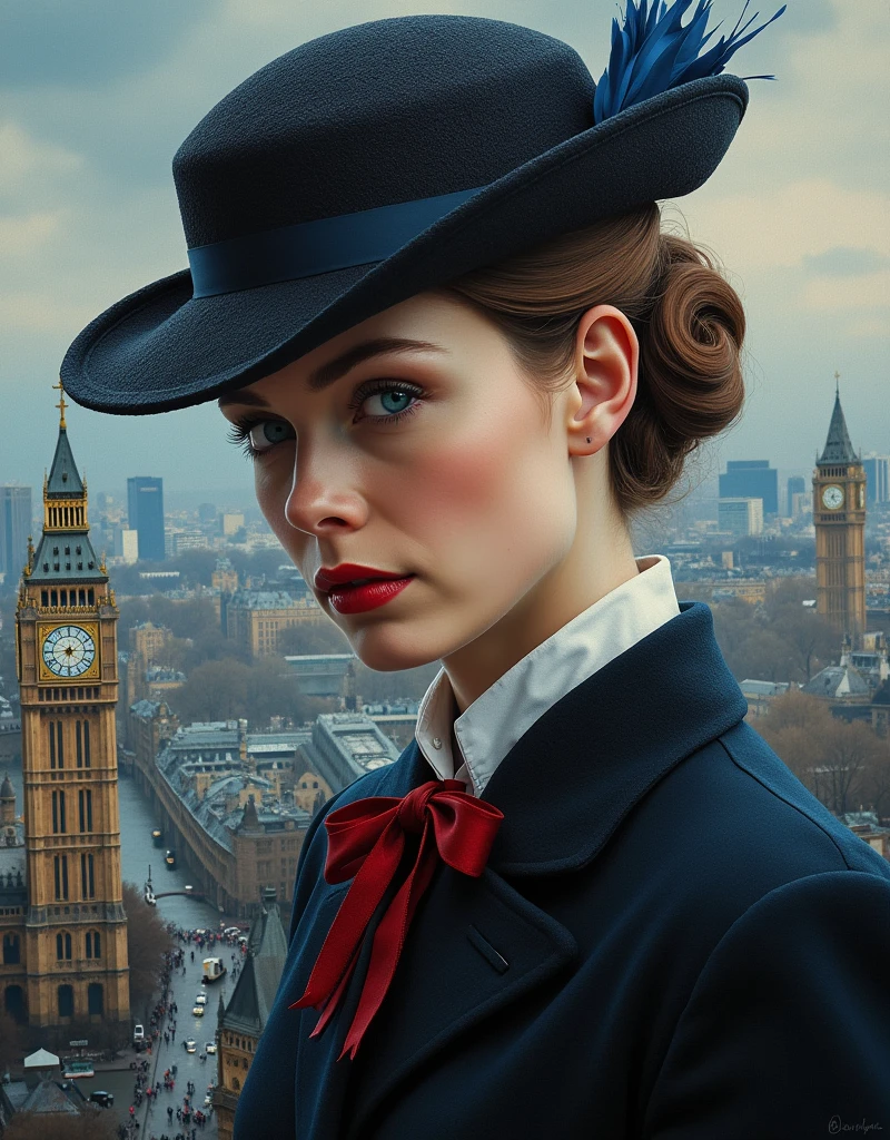 A perfect portrait picture of an enigmatic nany Mary Poppins [Julie Andrews:Emily Blunt:0.5] with aerial background of London, insanely detailed and intricate, realistic style oil on canvas painting, Don Lawrence Style