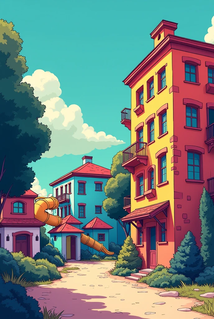 A drawing in which there is a building in a corner of the image that has many windows, a slide and trees next to it must be in the trichrome technique:3 colors are the only ones you should use in the entire image that do not look very similar, only a part of the building should be seen since it is on one side of the drawing on the right side.)
