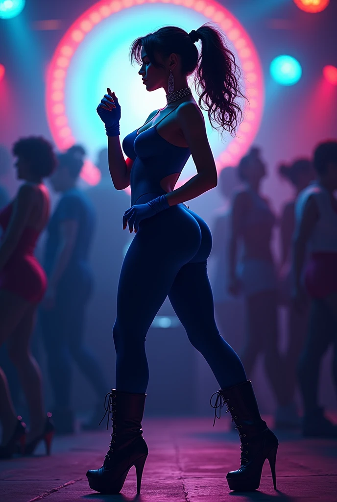 Illustration, extreme high contrast black and white image, full body girl dancing to disco music. The light draws the silhouette on black, Messy hair, dark background, hyperrealistic, maximum detail, 8K, bokeh, poster format, (best quality), (masterpiece), 1 girl, early 20's, huge heavy breasts, busty, perky breasts, thick, thick lips, wide hips, pkmnClair, ponytail, earrings, choker, cape, blue bodysuit, blue gloves, bracelet, blue boots