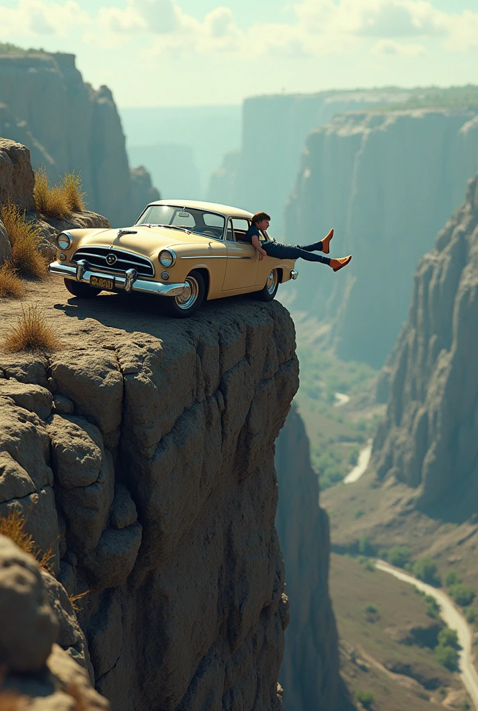 Vintage car on top of a cliff hill in perspective with legs sticking out of the window
