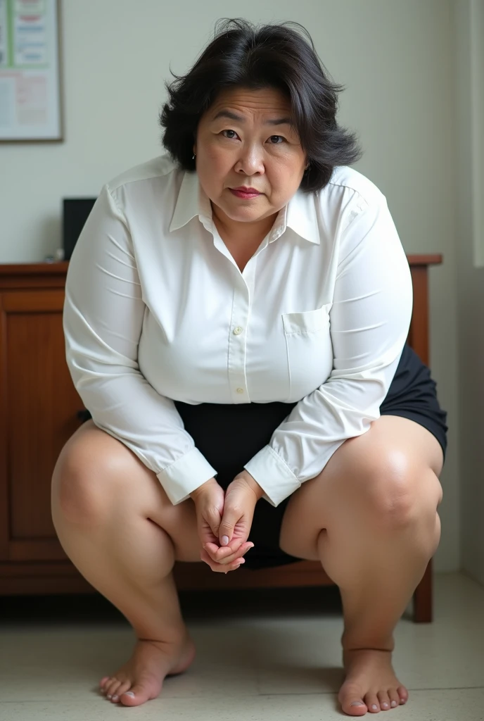 japanese woman in her 50s , buxom figure, large breasts, thick vaginal hair, slatternly figure, facial wrinkles, squatting, white panties, black skirt, office lady, buttocks, white shirt, frontal angle of view, 1 boy, pennis, handjob, nsfw