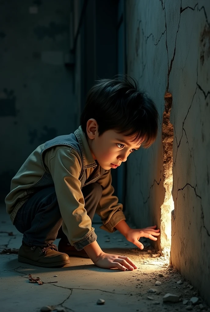 the same boy from the previous image digging the crack in the wall to make it bigger 