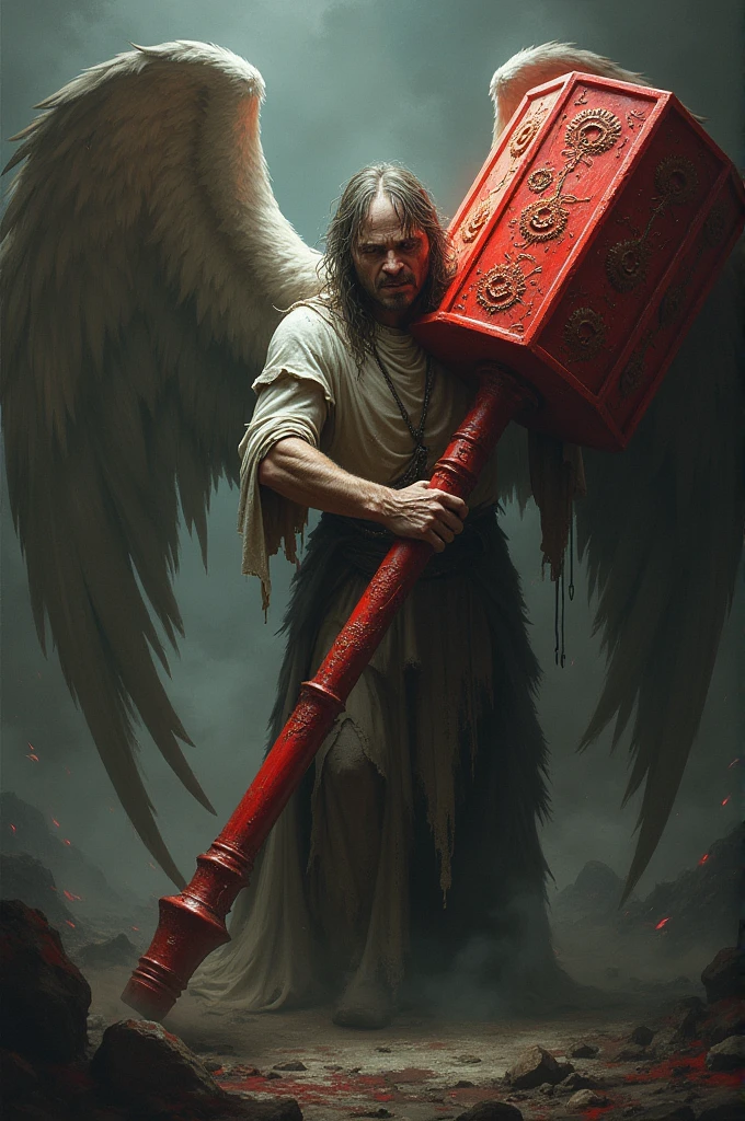  fallen angel, torn clothes on the verge of death, holding a large red two-handed hammer 