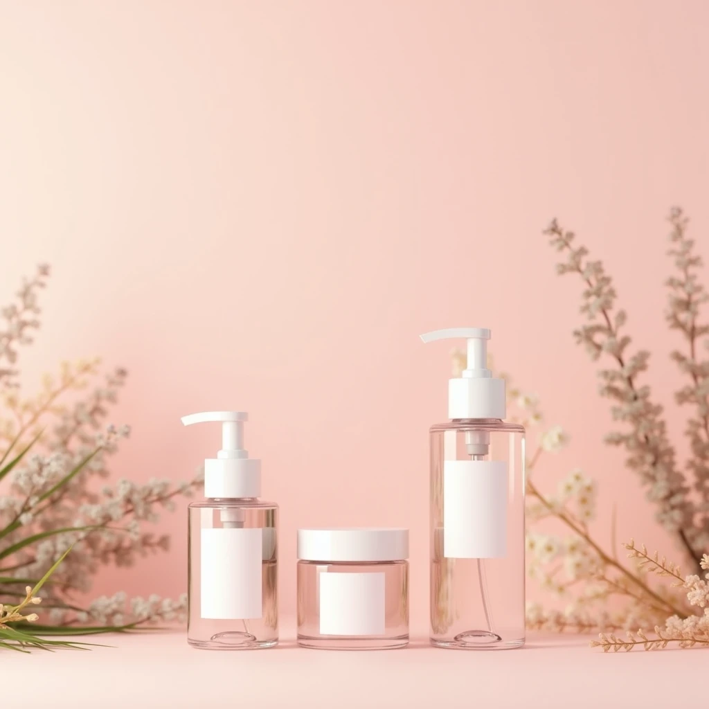 pink natural background, three 100 ml cleanser bottles creative