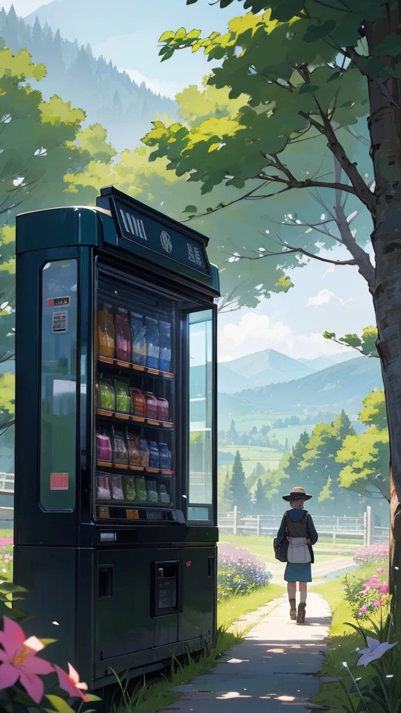 A scenic view in a rural area with mountains in the background and a clear sky, two individuals walking away wearing yukatas and wide-brimmed hats, a vending machine with Japanese text, lush greenery, and blooming flowers.