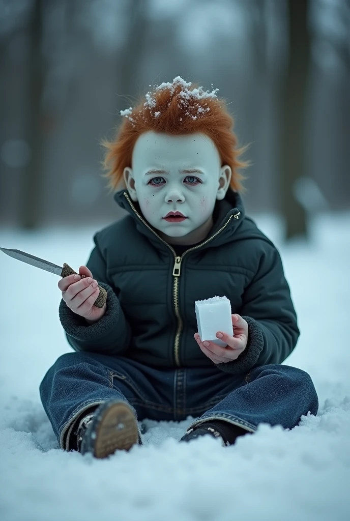 Create the image of baby Michael Myers, sitting in the snow. Place a knife in your right hand and an ice cube in your left hand