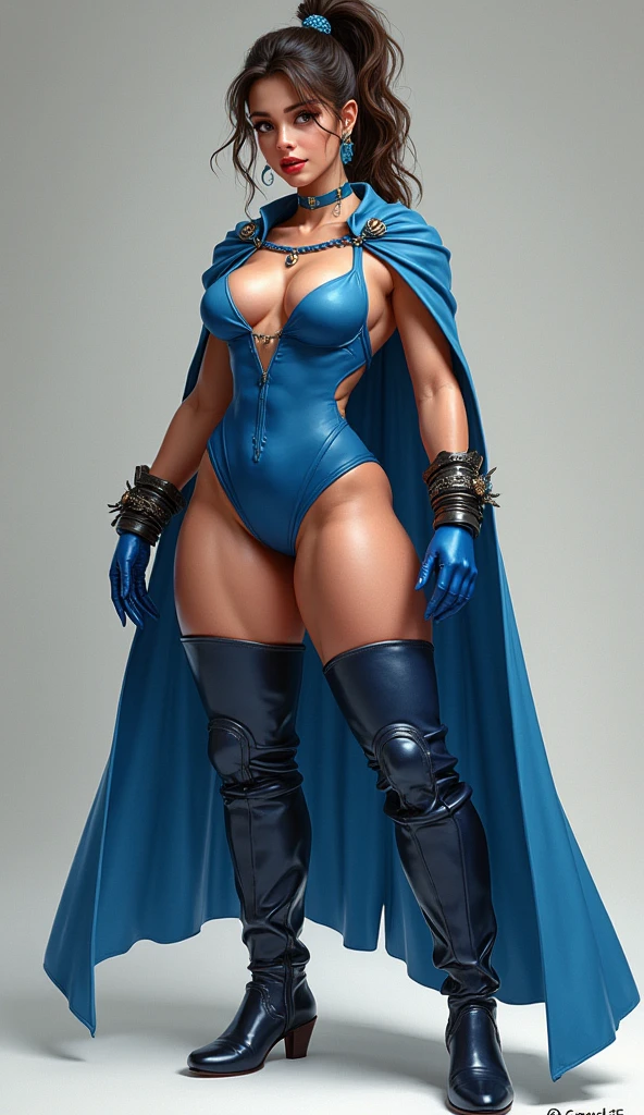(best quality of all the time), (masterpiece), 1 girl, early 20's, huge heavy breasts, busty, perky breasts, thick, thick lips, wide hips, pkmnClair, ponytail, earrings, choker, cape, blue bodysuit, blue gloves, bracelet, blue boots