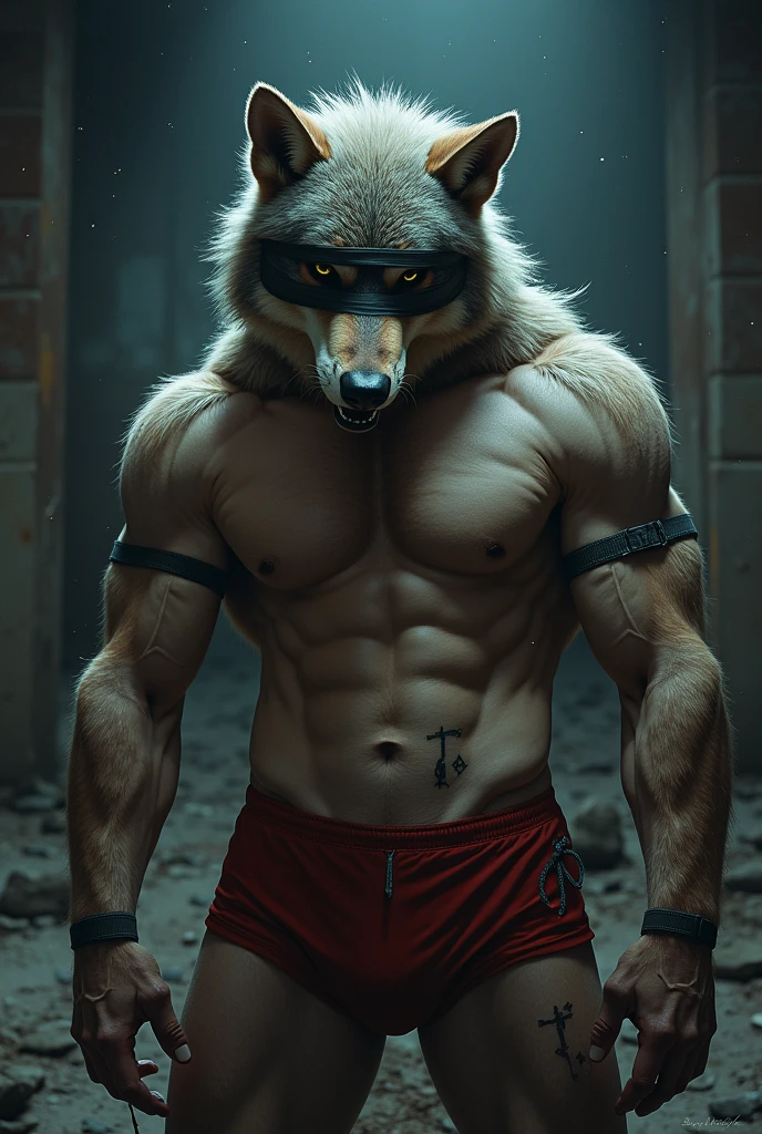 Furry wolf , anthro, musclegut:0.9, muscle, (strong biceps), (thick jaw), (broad chin), (kemono), (Old wolf), big irises, wet, sweat, drooling, (sad, mad), bara, arm up, chained, blindfold, womb tattoo at stomach, (gay sex, Riding viewer, viewer is an anthro), (heavy thrusting:1.5),(thrusting:1.5), ((red underwear, erection under clothing)), excessive cum, basement, detailed background, light particles, hi res, front view, full view