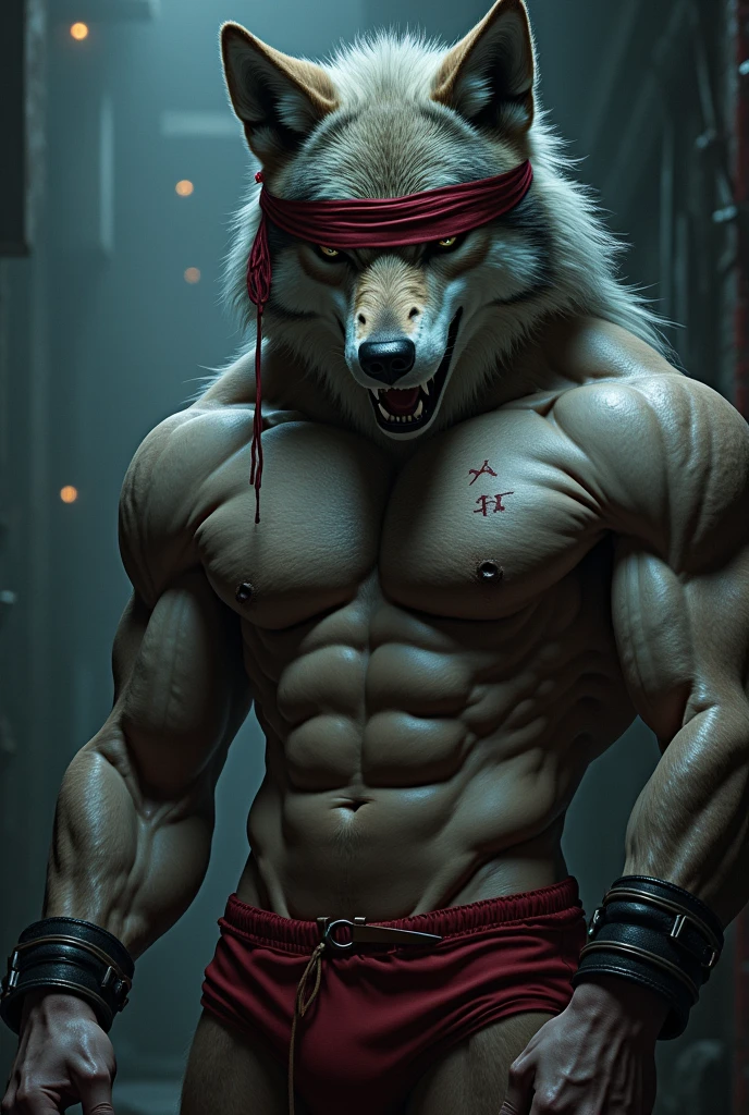 Furry wolf , anthro, musclegut:0.9, muscle, (strong biceps), (thick jaw), (broad chin), (kemono), (Old wolf), big irises, wet, sweat, drooling, (sad, mad), bara, arm up, chained, blindfold, womb tattoo at stomach, (gay sex, Riding viewer, viewer is an anthro), (heavy thrusting:1.5),(thrusting:1.5), ((red underwear, erection under clothing)), excessive cum, basement, detailed background, light particles, hi res, front view, full view