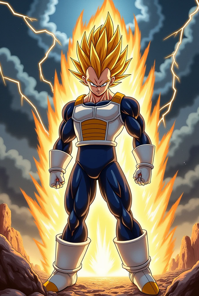 Make the best representative drawing of Prince Vegeta in Super Saiyan from the anime and/The Dragon Ball Animated Series by Akira Toriyama