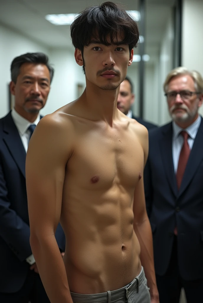 1boy、Photo Quality、Cute handsome man、Japanese male, 、handsome man、Mash Hair、Completely naked、Full nudity、erection、Huge penis、Highest quality、Realistic、beautiful、Sad look、Inside the office、Surrounded by old men in suits、完全Completely naked、Full nudity、Photographed with a smartphone、Completely naked