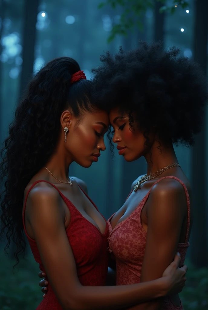 a very sexy lightskin habesha woman Holding her busty latina lover in her arms kissing passionately, touching seductively under the stars in the forest both women bodies pressed together tightly hugging each other both have very big busty clevage show big pink lips detailed eyes detailed big bold curly and braided hair wearing nothing, very curvy sexy bodies, ultra HD 4k masterpiece, ultra HD 8k masterpiece, cinamtic realistic picture quality