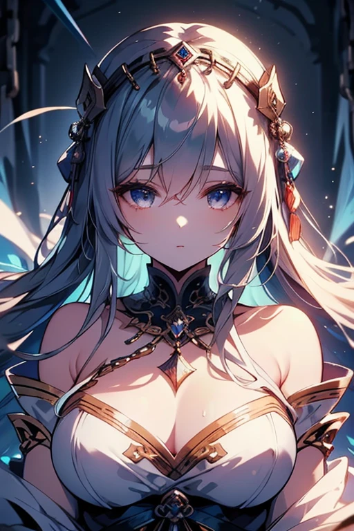 1 girl close up on face, beautiful and aesthetic, gorgeous, masterpiece, Best Quality, fantastic atmosphere, Soothing palette, Quiet, Soft shading, priestess with many chains around her body
