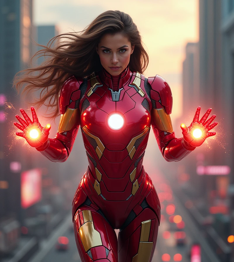 (A fierce and determined woman:1.4), (female version of Iron Man:1.4), (wearing sleek, advanced armor in vibrant red and gold:1.4), (arc reactor glowing brightly on her chest:1.4), (helmet partially retracted, revealing confident eyes and strong facial features:1.4), (long hair flowing out from under the helmet:1.3), (hands raised, palms glowing with energy:1.4), (hovering mid-air with thrusters activated:1.4), (high-tech HUD elements surrounding her:1.4), (background of a futuristic cityscape at dusk:1.4), (armor detailed with intricate circuitry and plating:1.4), (intense and dynamic lighting:1.4), (cinematic, action-packed atmosphere:1.3), (ultra-realistic textures and materials:1.3), (heroic and powerful stance:1.4), (vivid, high-contrast color palette:1.4), (sharp, detailed facial features reflecting determination and strength:1.4)