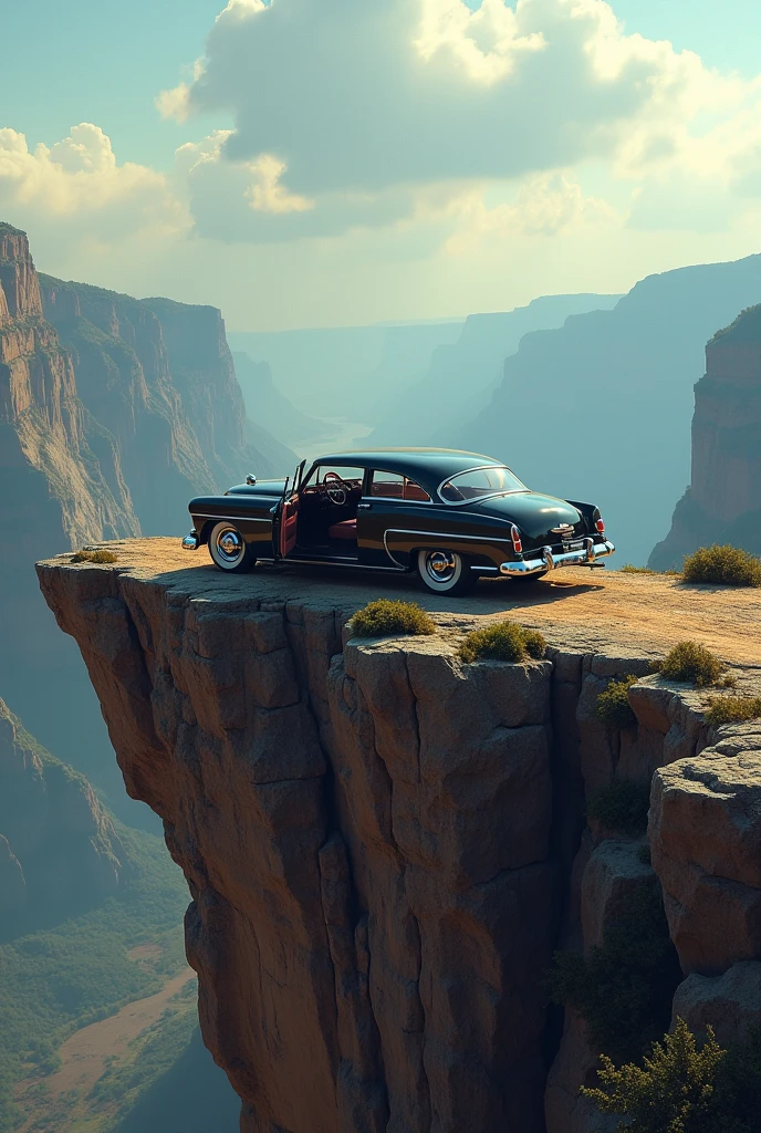 Vintage car on top of a cliff hill in perspective with doors open 