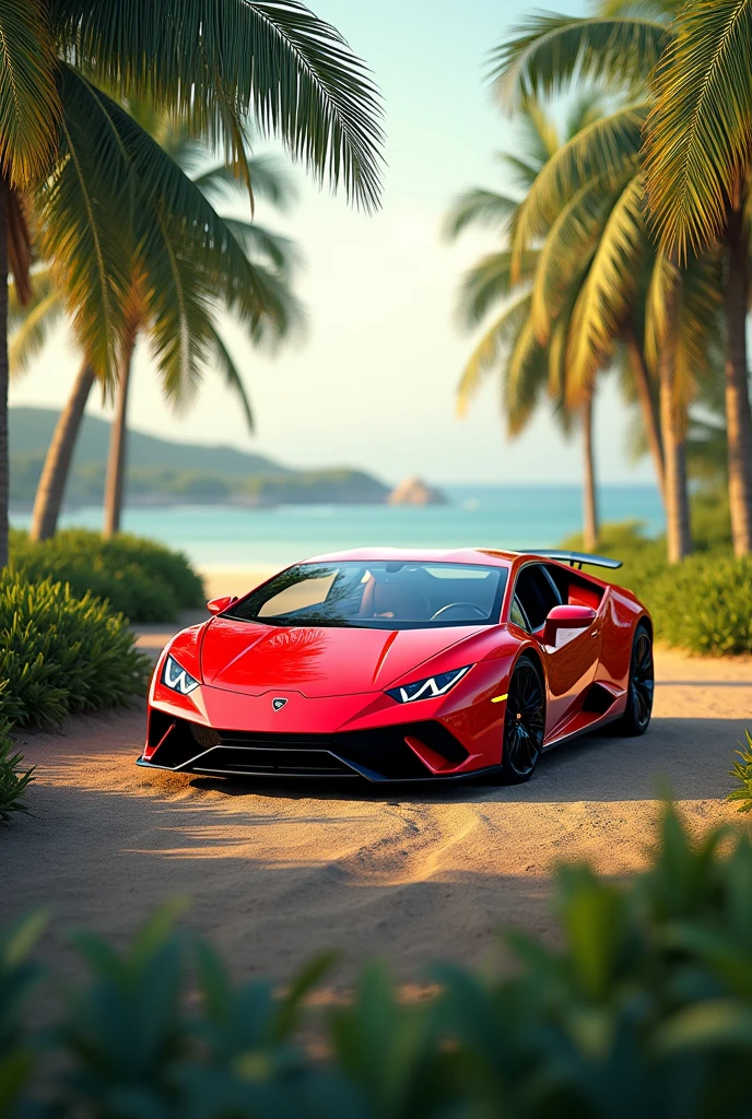 Realistic landscape with red Lamborghini in the back and a background with palm trees 