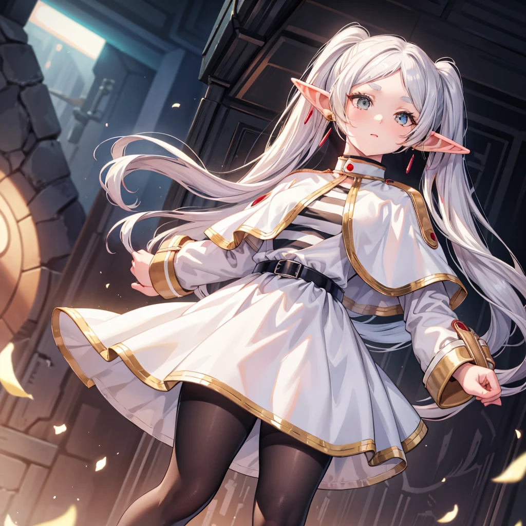 aafrie, long hair, white hair, twintails, pointy ears, earrings, thick eyebrows, white capelet, striped shirt, long sleeves, belt, white skirt, black pantyhose, 1girl, solo, breasts, medium breasts standing, realistic 