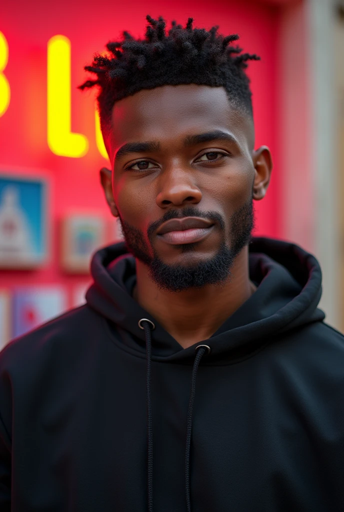 Jeune et beau noir , aged 22 , coiffure Tapers dégradé, artiste chanteur de pop/rnb ,poids 64 kilos ,good virtues , Slight beard and mustache .
In full interpretation