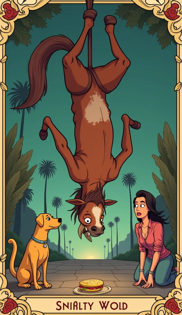 We see Bojack Horseman hanging by one leg. Just like in the tarot card. Mr. Peanutbutter looks at him and Diane looks at him too.. The same image as the tarot card is imitated, but made in the universe of the animated series Bojack Horseman