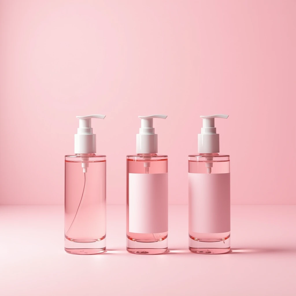 pink background, three 100 ml cleanser bottles creative