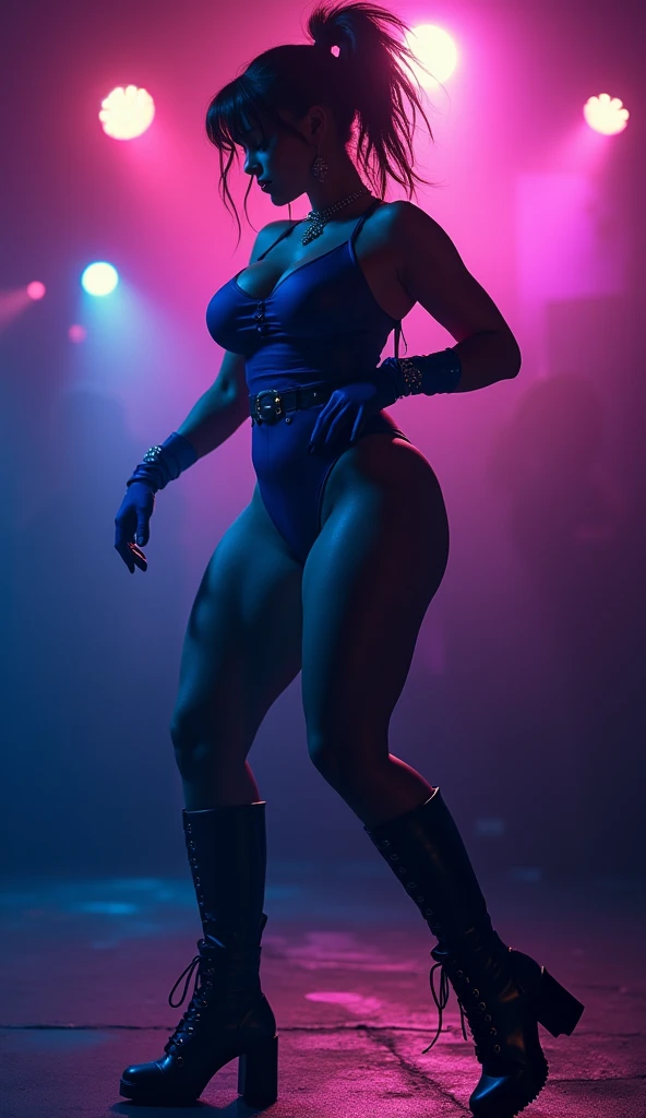 Illustration, extreme high contrast black and white image, full body girl dancing to disco music. The light draws the silhouette on black, Messy hair, dark background, hyperrealistic, maximum detail, 8K, bokeh, poster format, (best quality), (masterpiece), 1 girl, early 20's, huge heavy breasts, busty, perky breasts, thick, thick lips, wide hips, pkmnClair, ponytail, earrings, choker, cape, blue bodysuit, blue gloves, bracelet, blue boots