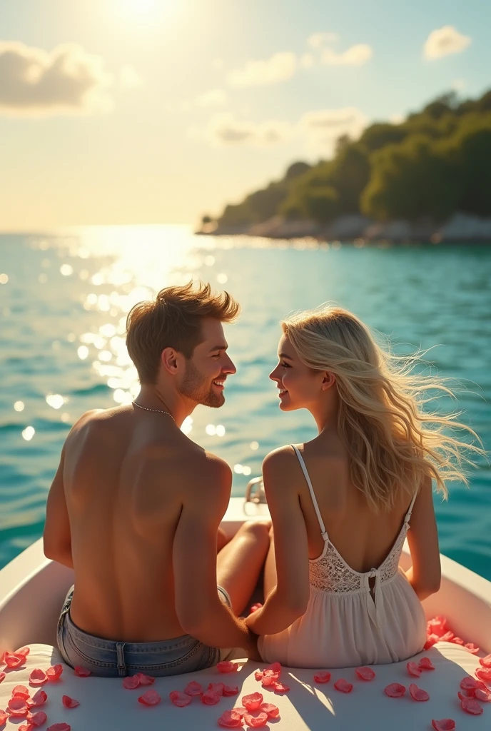 Photorealist , beautiful couple, boy and girl staying out door, on boat, in sea, going to island, woman with blonde hair, man with littel blonde hair, looking each other and romantic scene, afternoon, roses on boat