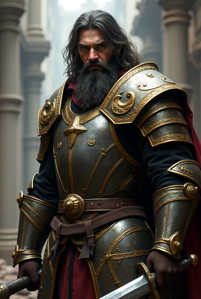 a man with a beard and armor in light golden details, with his hair forward and medium beard imposing a dagger