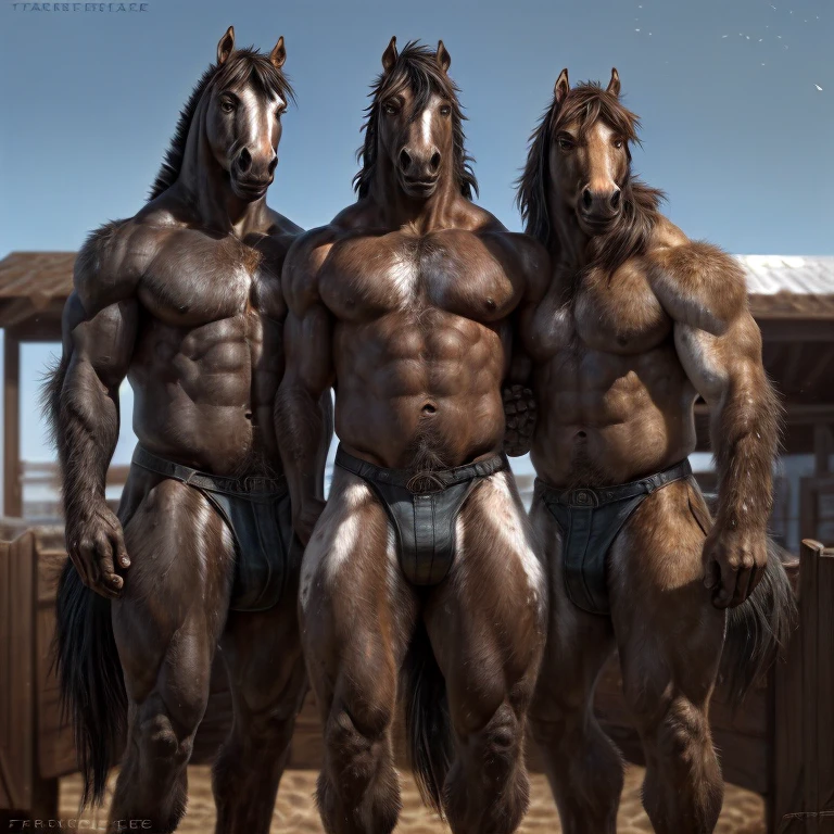 ((Trio)), ((anthro horses)), males, (3boys), (different colored horses, grey pinto horse, brown horse, black horse), handsome, (Correct anatomy, big, muscular), (realistic fur, detailed fur texture:1.3), Detailed horse stable background, Photorealistic, hyperrealistic, Ultra-detailed, daylight, (by Taran Fiddler), upper body, front, facing viewer